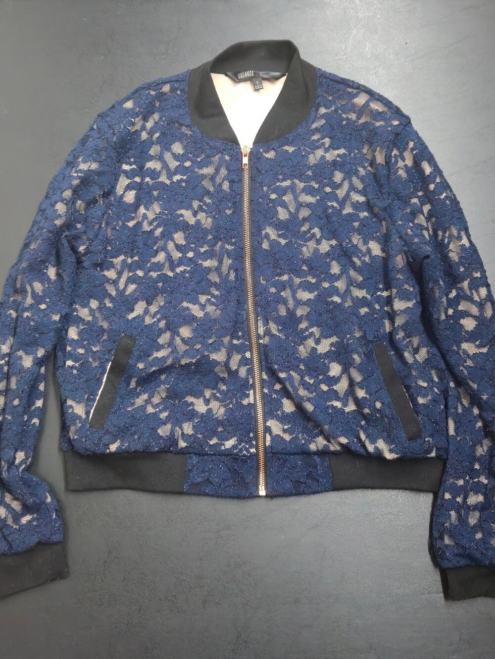 LuLaRoe Navy Lace Bomber Jacket with Black Trim